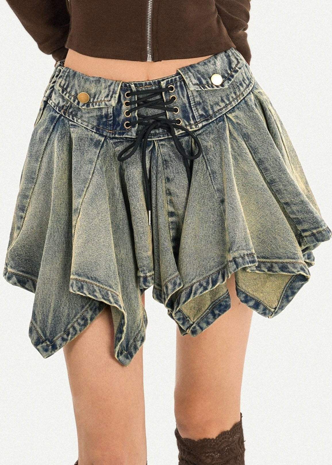 Jeanette Lace Up Ruffle Denim Mini Skirt