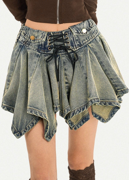 Jeanette Lace Up Ruffle Denim Mini Skirt