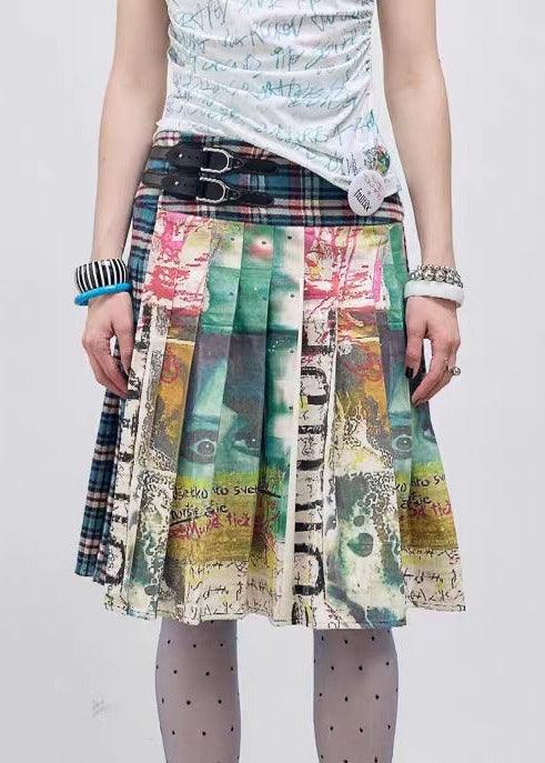 Ermentrud Print Plaid Pleated Midi Skirt