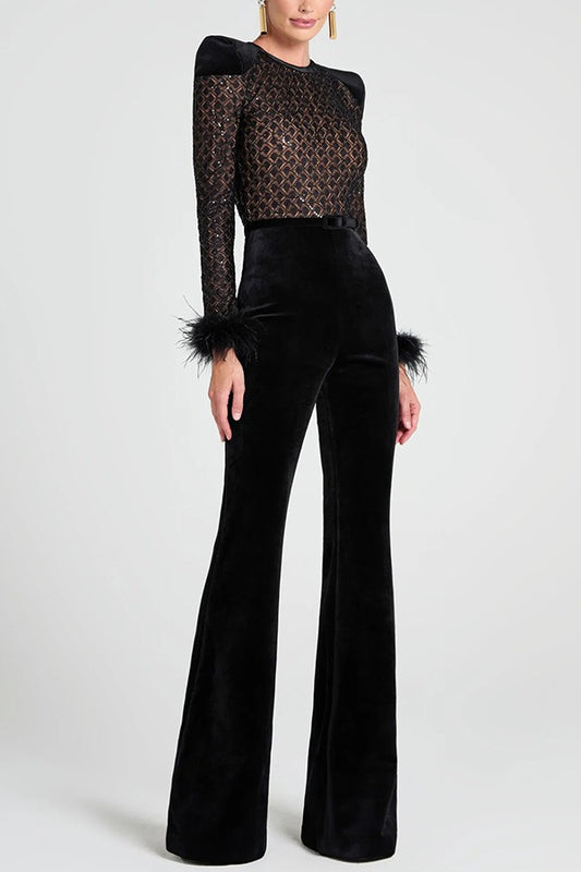 Firuz Feather Velvet Jumpsuit