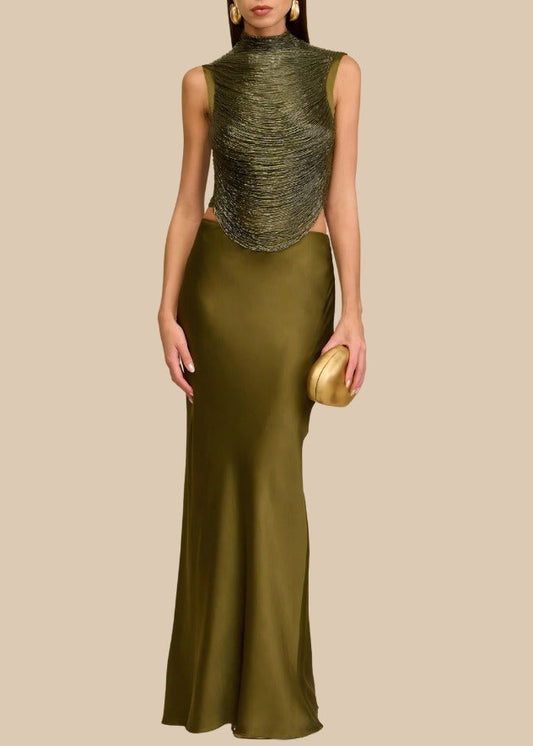 Fawzia Fringe Satin Skirt Set In Olive