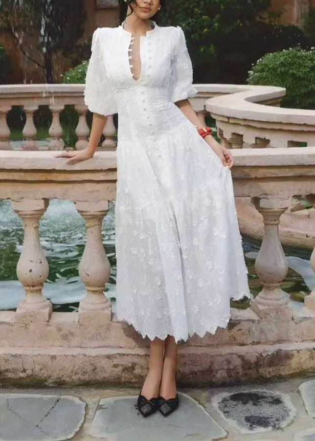 Estella Flower Embroidered Botton Midi Dress