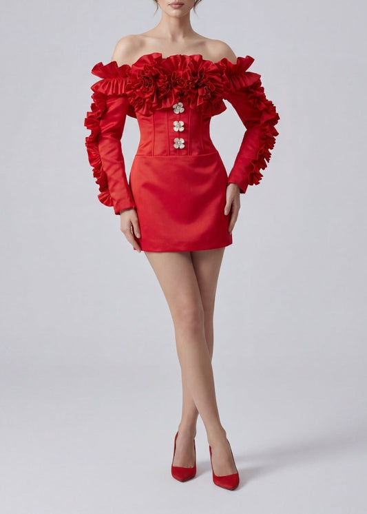 Francois Flower Off Shoulder Button Mini Dress
