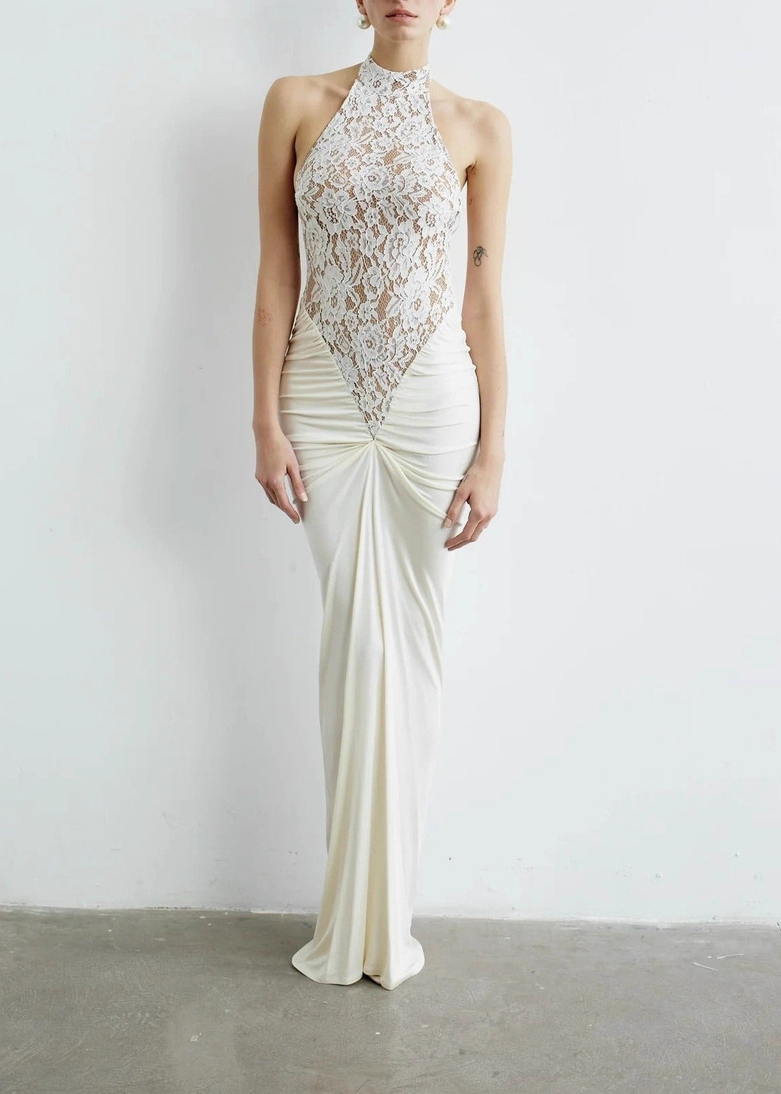 Enoque Halter Neck Ruch Lace Maxi Dress