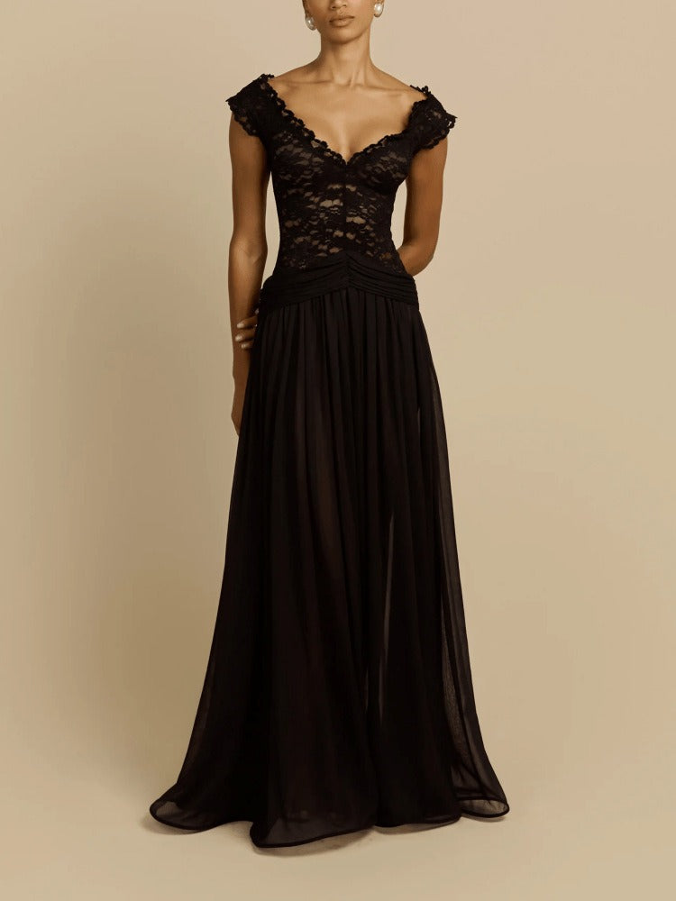 Ilmari V Neck Lace Mesh Maxi Dress