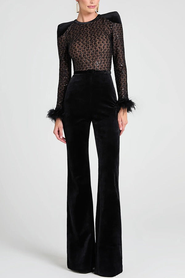 Firuz Feather Velvet Jumpsuit