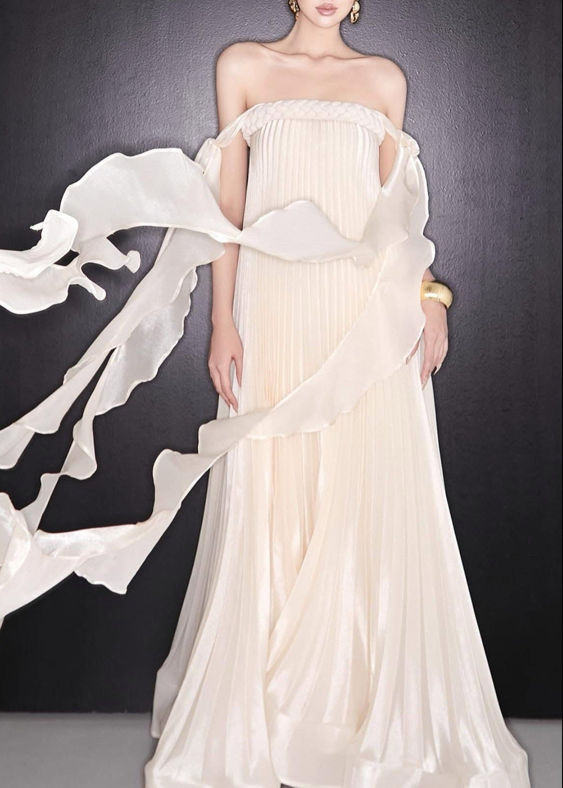 Felipe Strapless Ruch Fringe Maxi Dress
