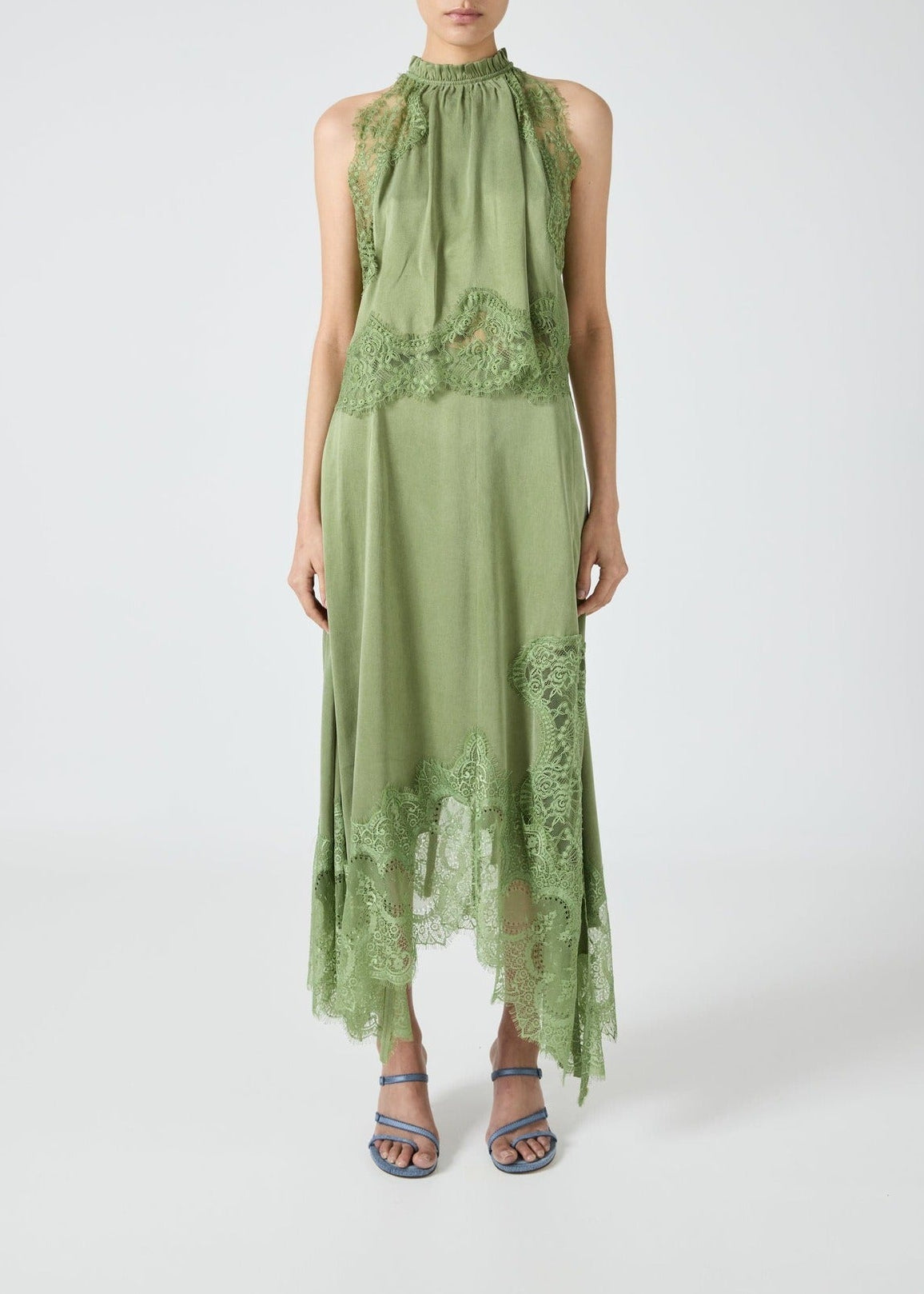Fester Sleeveless Lace Skirt Set In Sage
