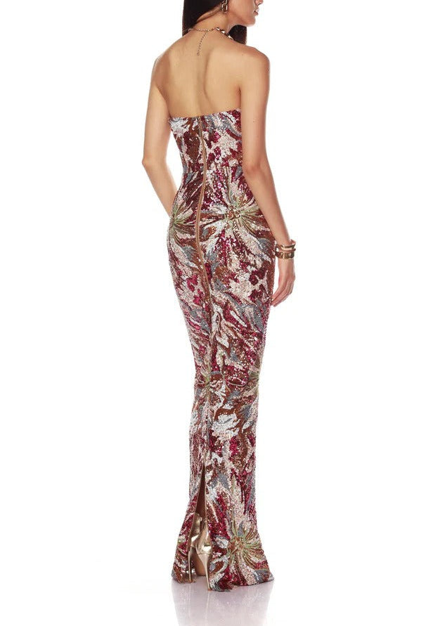 Denice Strapless Embellished Floral Maxi Dress