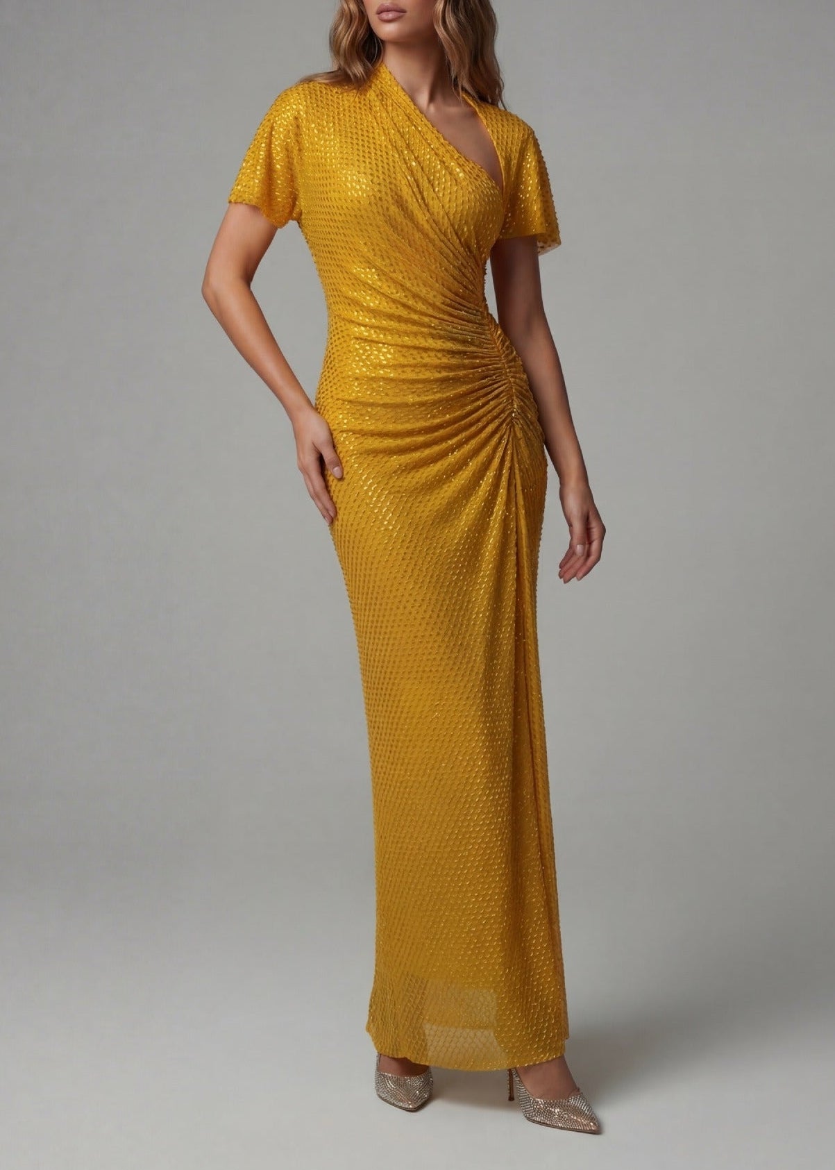 Frane Rhinestone Asymmetric Ruch Maxi Dress
