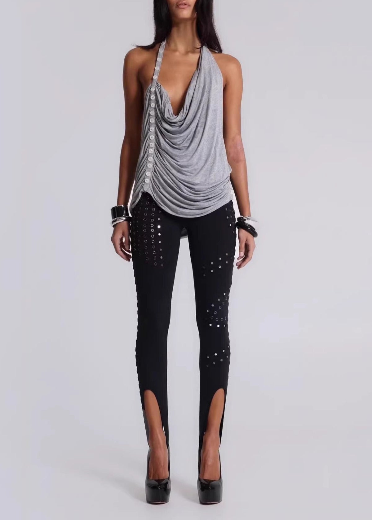 Iminathi Cowl Neck Button Draped Top