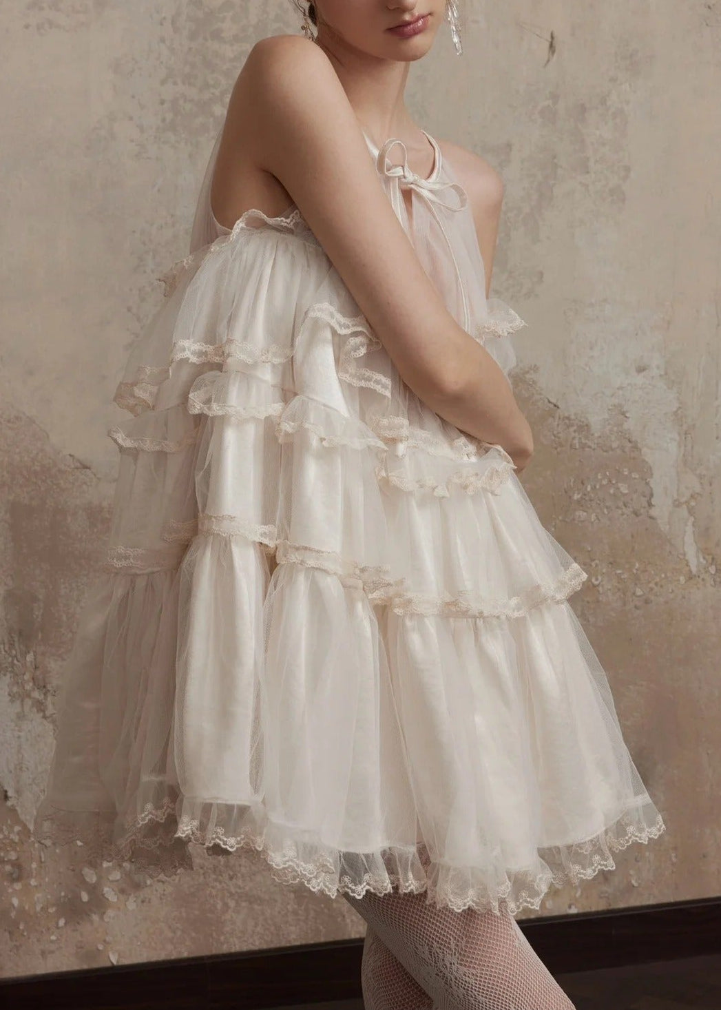 Femme Sleeveless Mesh Puffy Mini Dress In White