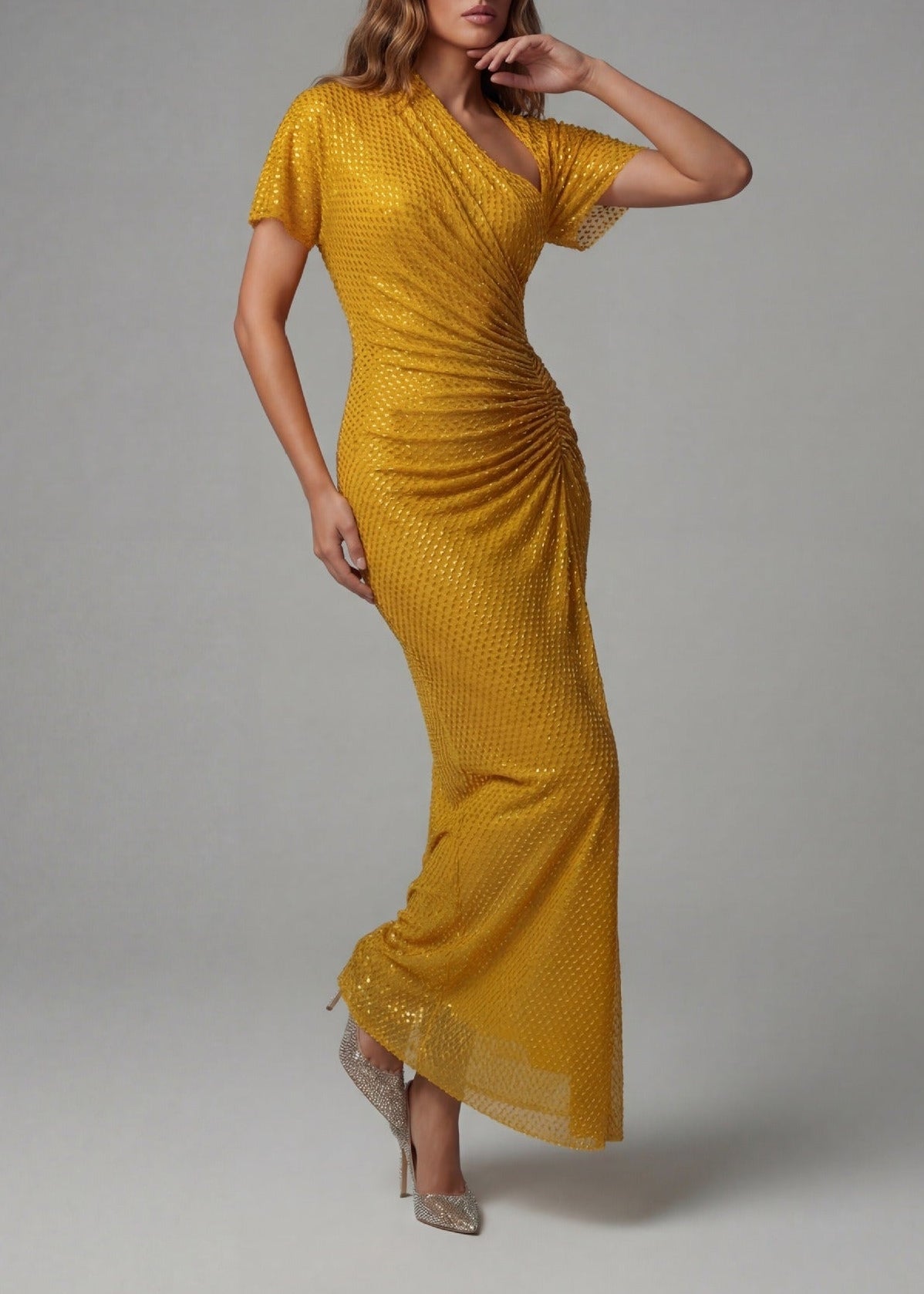 Frane Rhinestone Asymmetric Ruch Maxi Dress
