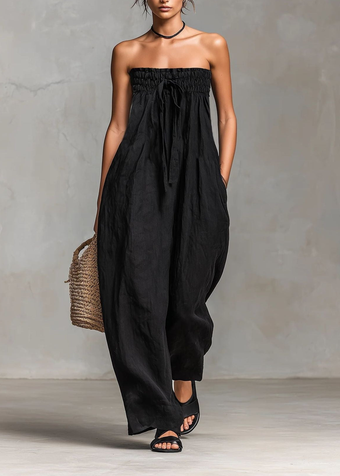 Floro Strapless Ruch Jumpsuit In Black