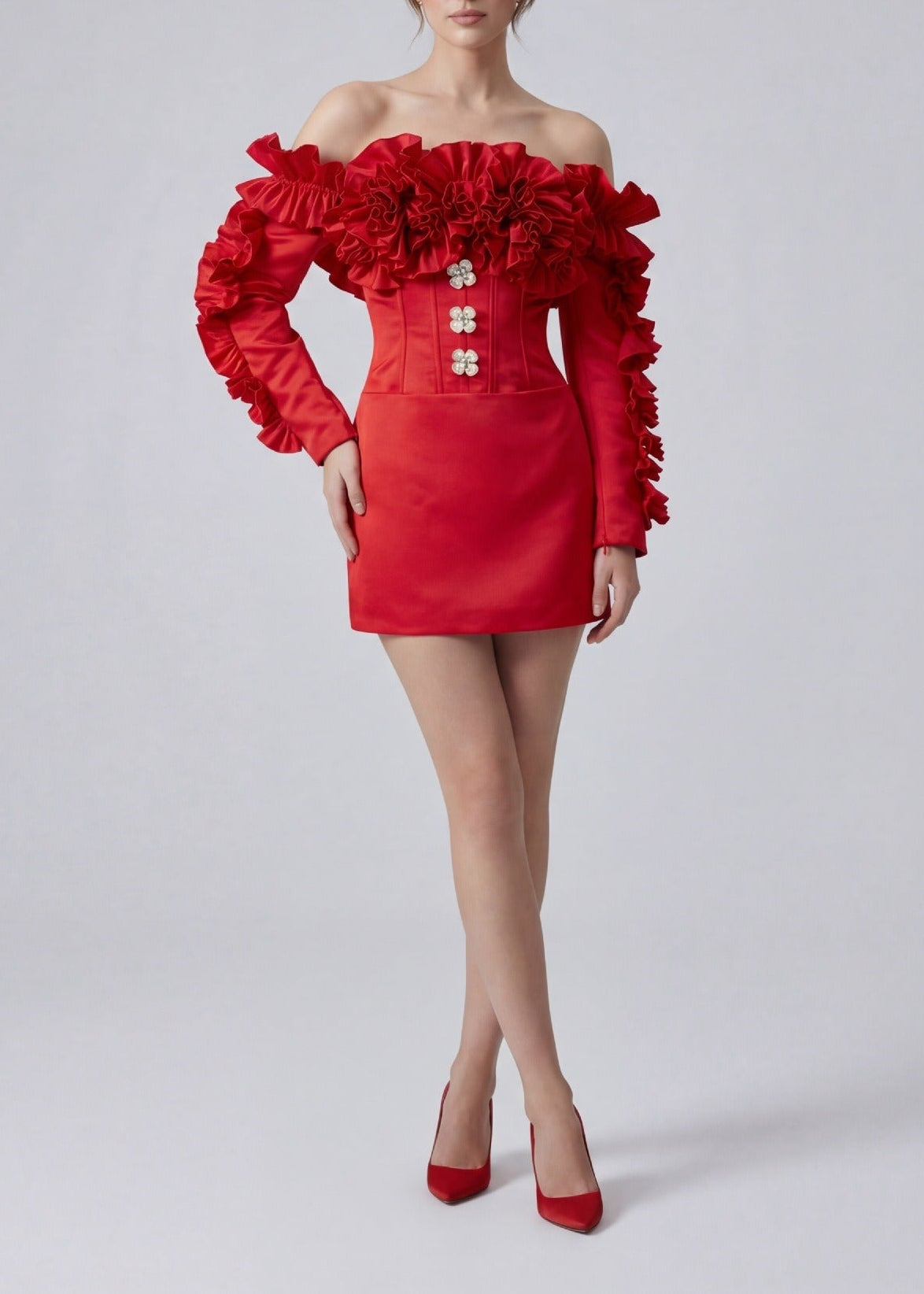 Francois Flower Off Shoulder Button Mini Dress