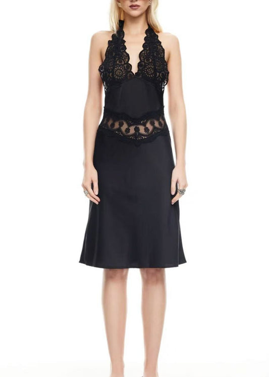 Flaviano Halter Neck Lace Midi Dress In Black
