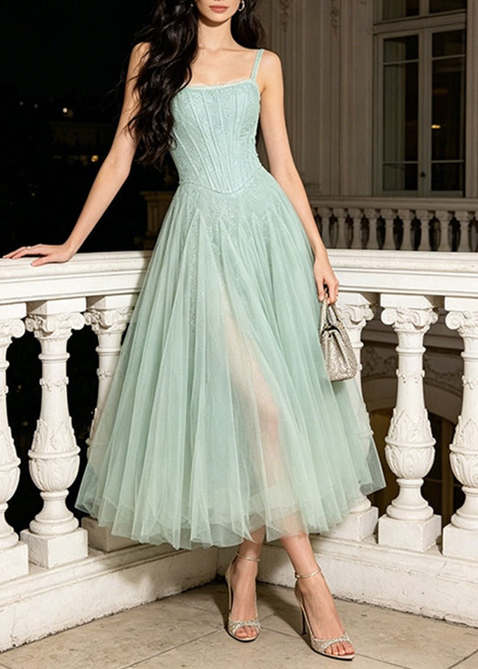 Kansas Spaghetti Flared Mesh Maxi Dress