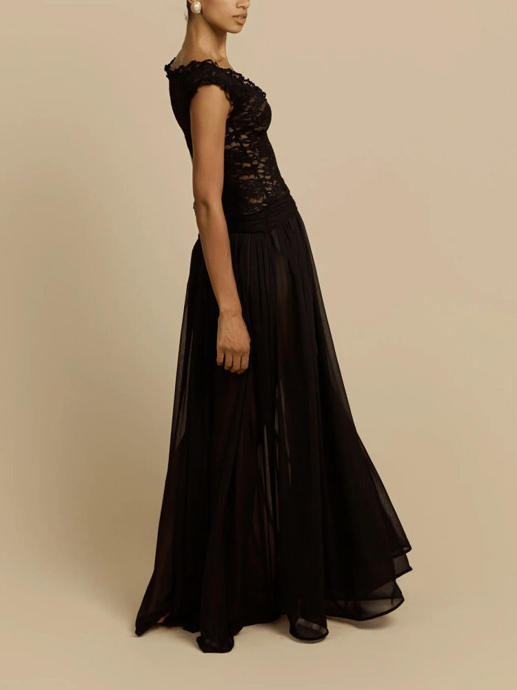 Ilmari V Neck Lace Mesh Maxi Dress