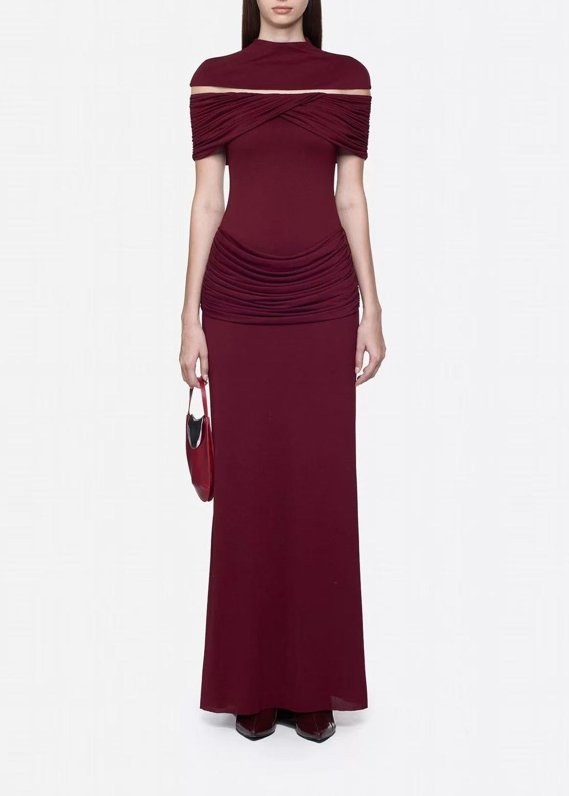 Ferreolus Ruch Mesh Maxi Dress In Wine Red