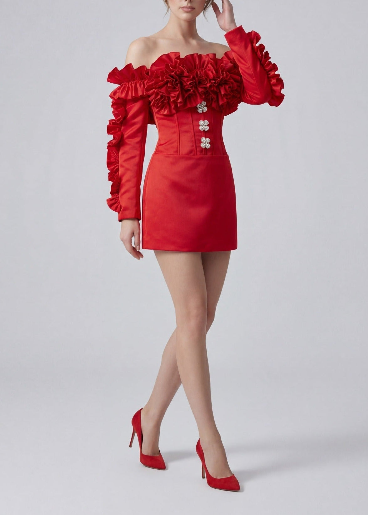 Francois Flower Off Shoulder Button Mini Dress