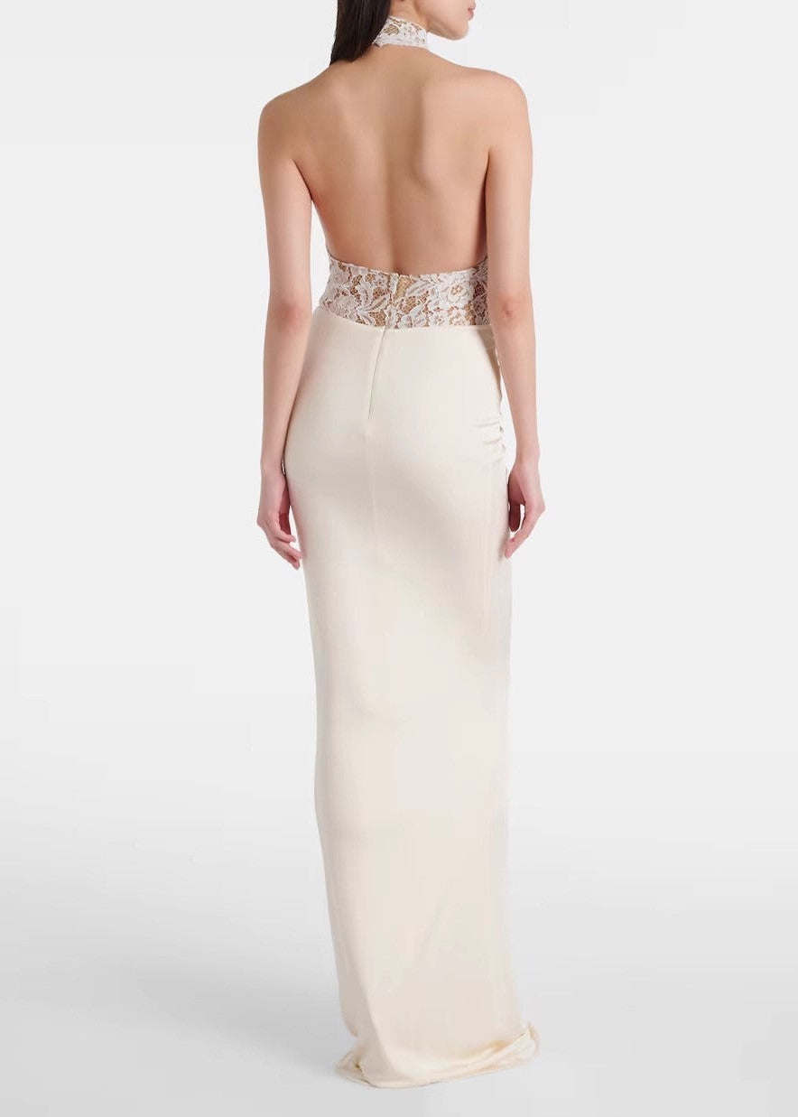 Enoque Halter Neck Ruch Lace Maxi Dress