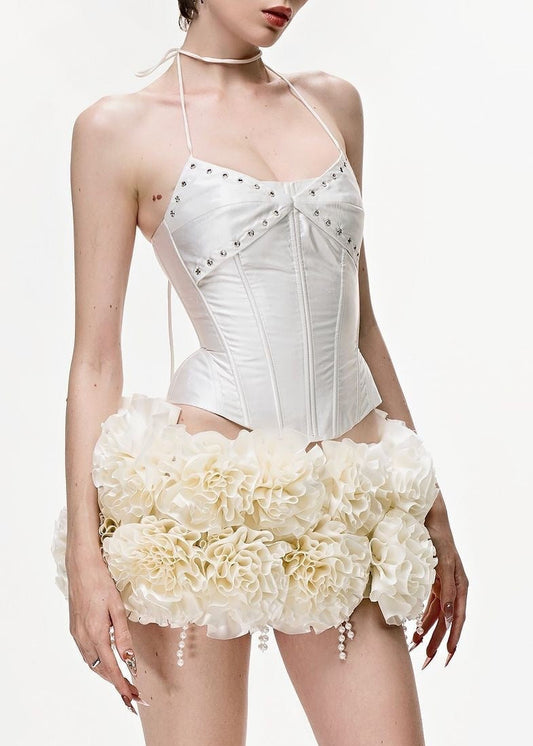 Hepsie Corset Flower Lace Up Mini Skirt Set