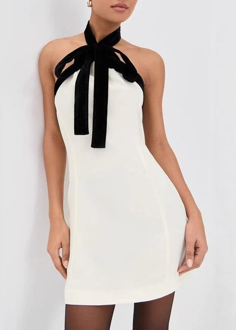 Fotini Halter Neck Velvet Bow Mini Dress
