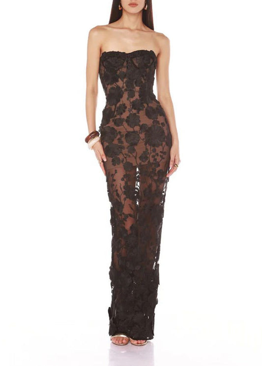 Denice Strapless Flower Maxi Dress In Black