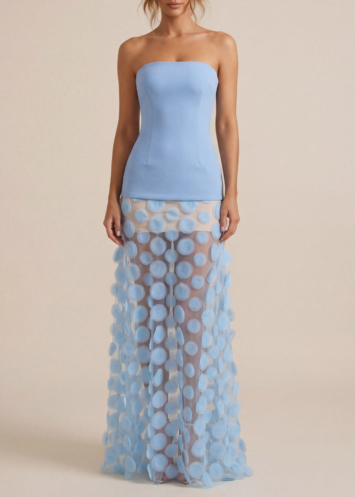 Boyan Strapless Dot Mesh Maxi Dress In Blue