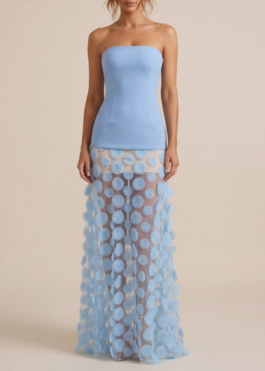 Boyan Strapless Dot Mesh Maxi Dress In Blue