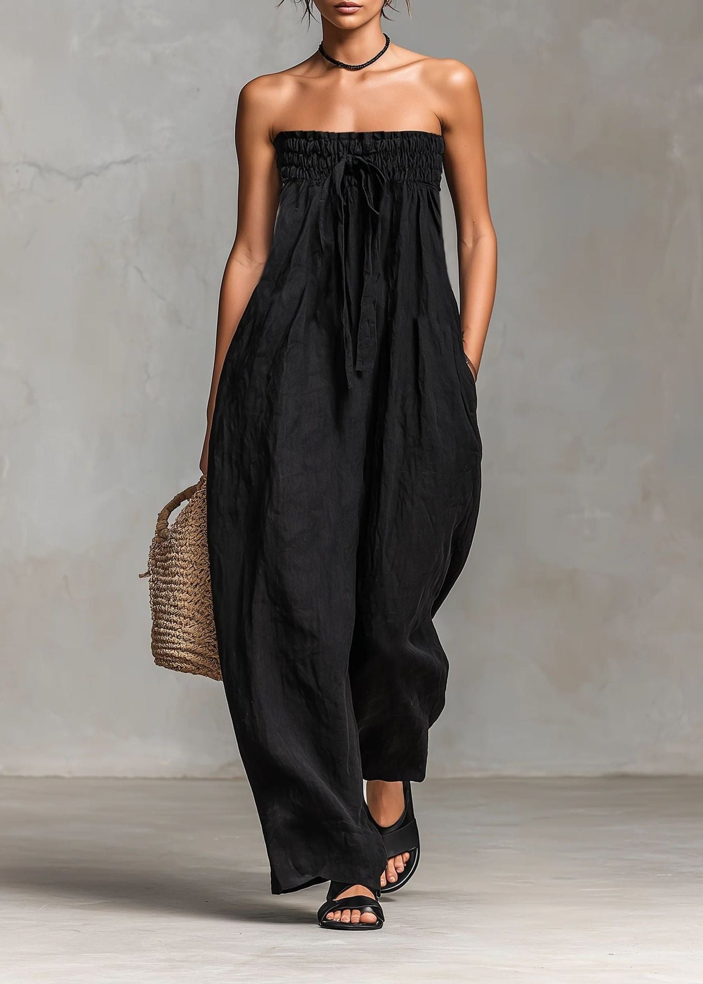 Floro Strapless Ruch Jumpsuit In Black