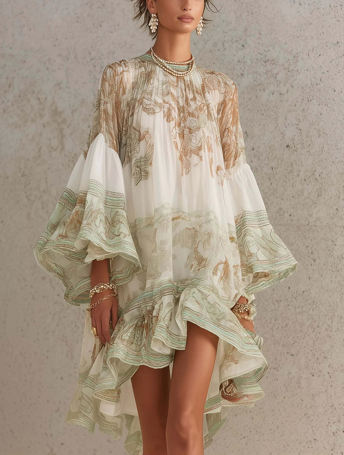 Ikbal Bell Sleeve Print Ruffle Mini Dress