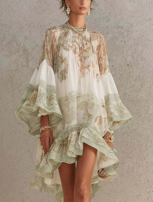 Ikbal Bell Sleeve Print Ruffle Mini Dress