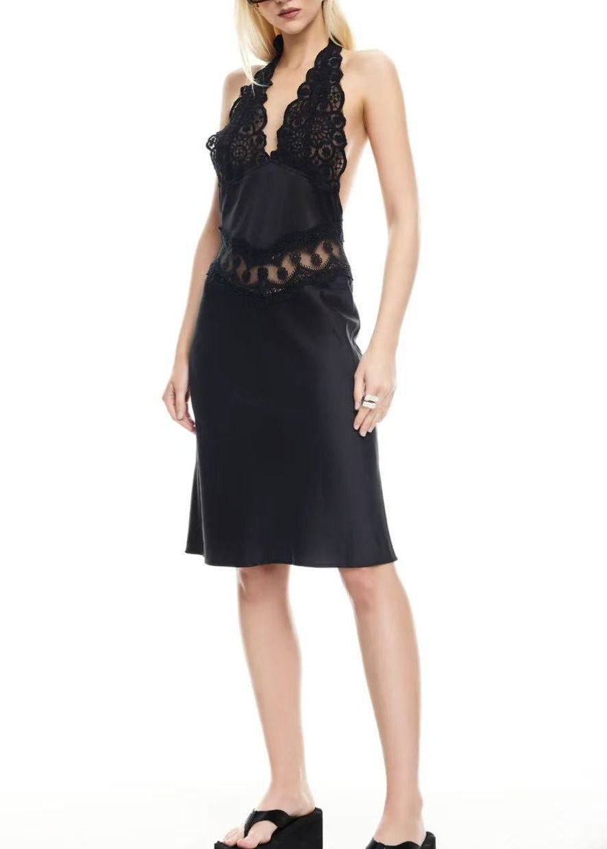 Flaviano Halter Neck Lace Midi Dress In Black