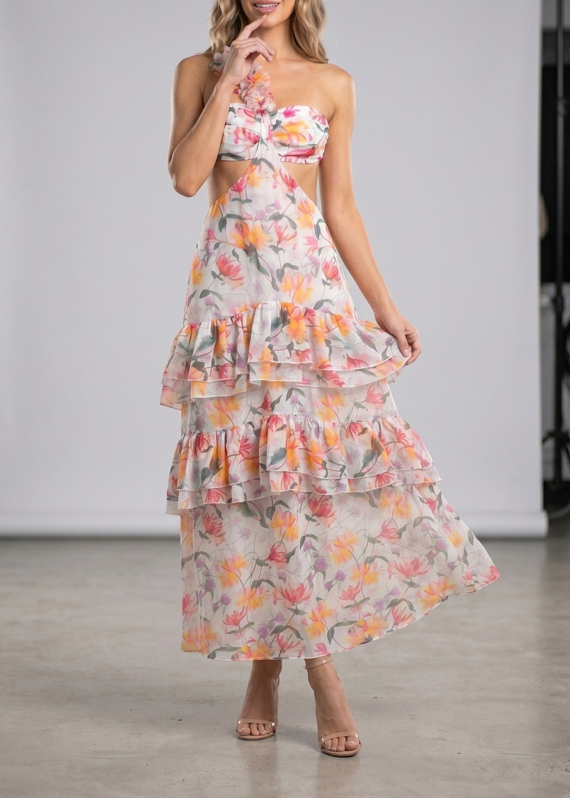 Ilqar One Shoulder Cutout Floral Maxi Dress