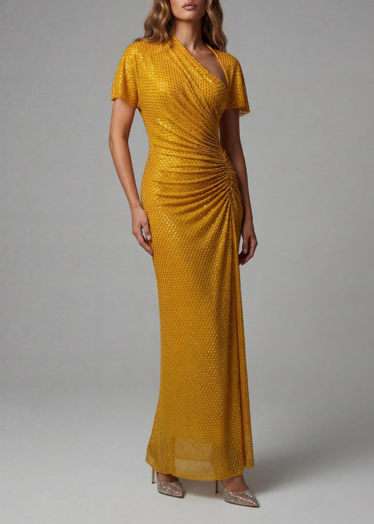 Frane Rhinestone Asymmetric Ruch Maxi Dress