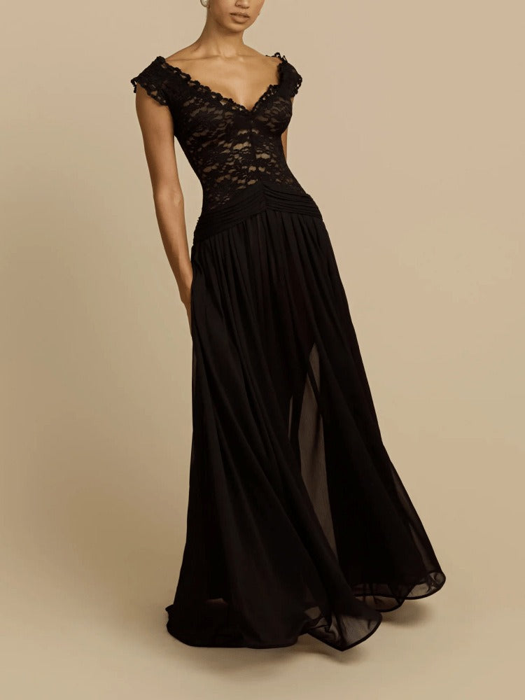 Ilmari V Neck Lace Mesh Maxi Dress