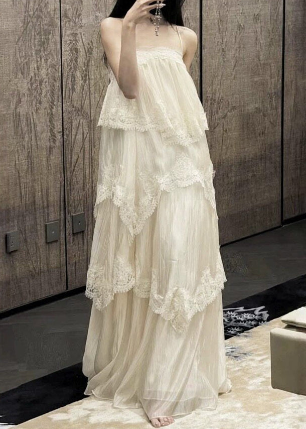 Elric Spaghetti Lace Maxi Tiered Dress In Apricot