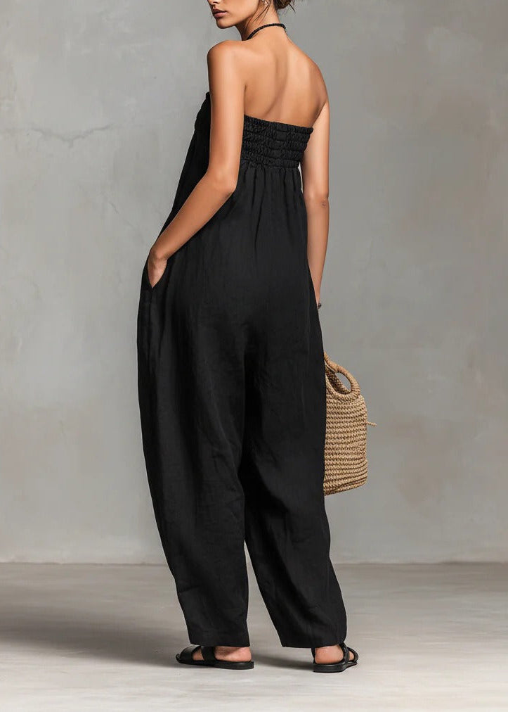 Floro Strapless Ruch Jumpsuit In Black