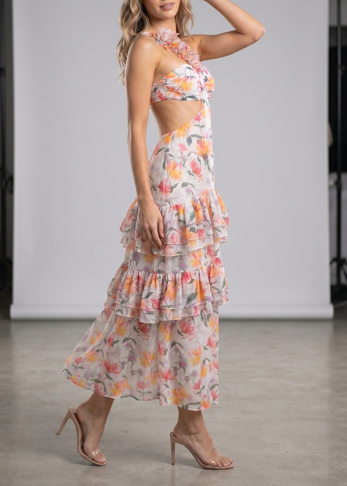 Ilqar One Shoulder Cutout Floral Maxi Dress