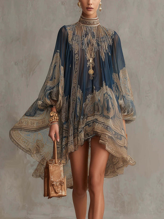 Ilhami Bell Sleeve Print Ruffle Mini Dress In Dark Blue