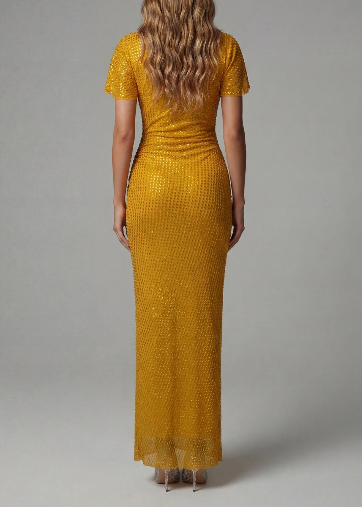 Frane Rhinestone Asymmetric Ruch Maxi Dress