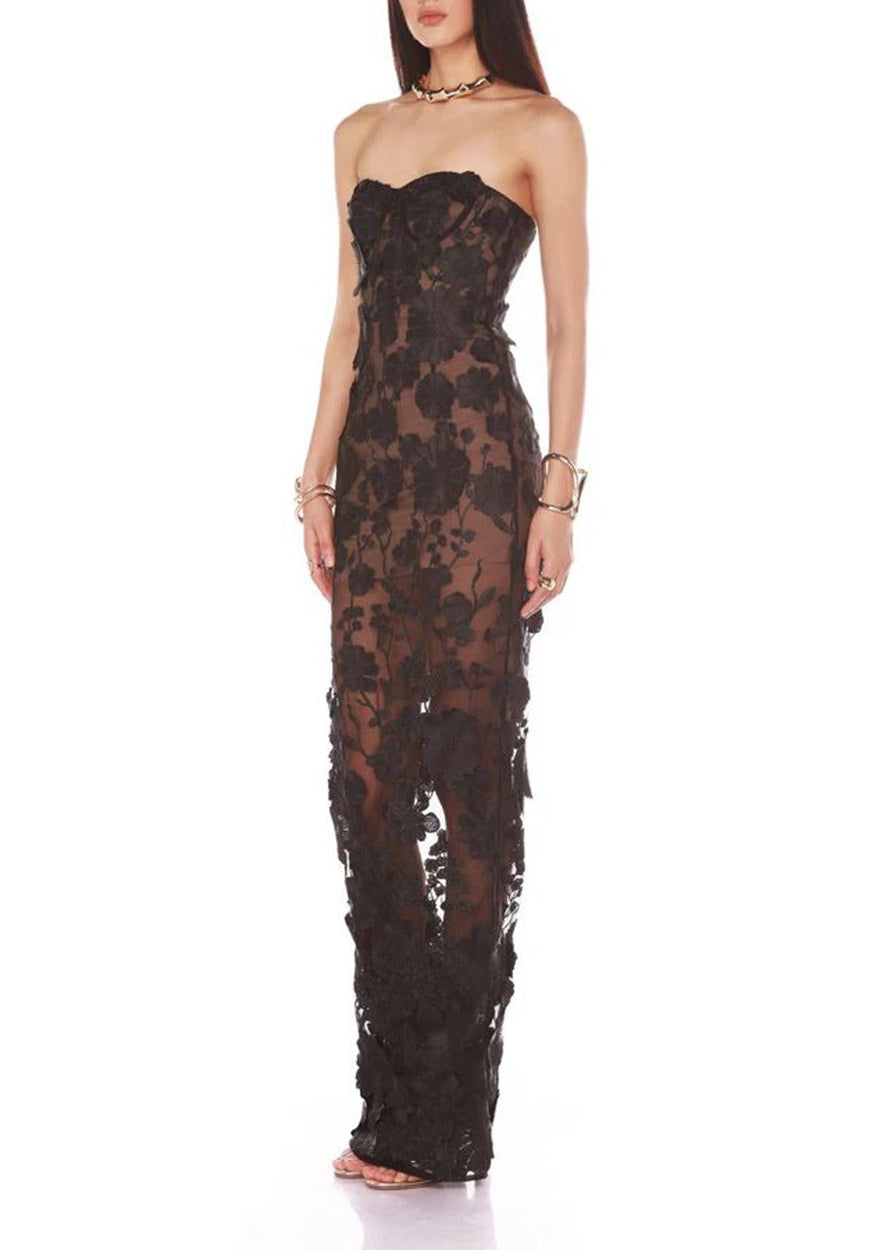 Denice Strapless Flower Maxi Dress In Black