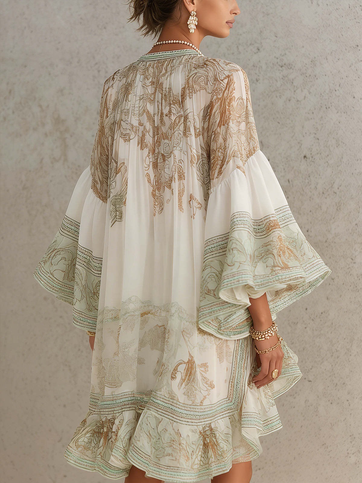 Ikbal Bell Sleeve Print Ruffle Mini Dress