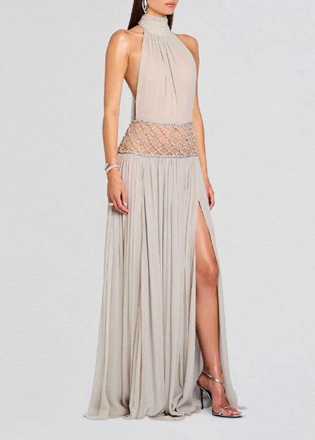 Fredrick Halterneck Ruched Crystal Split Maxi Dress