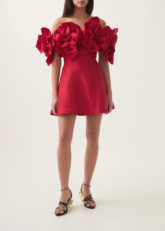 Fitzwilliam Flower Off Shoulder Mini Dress In Red