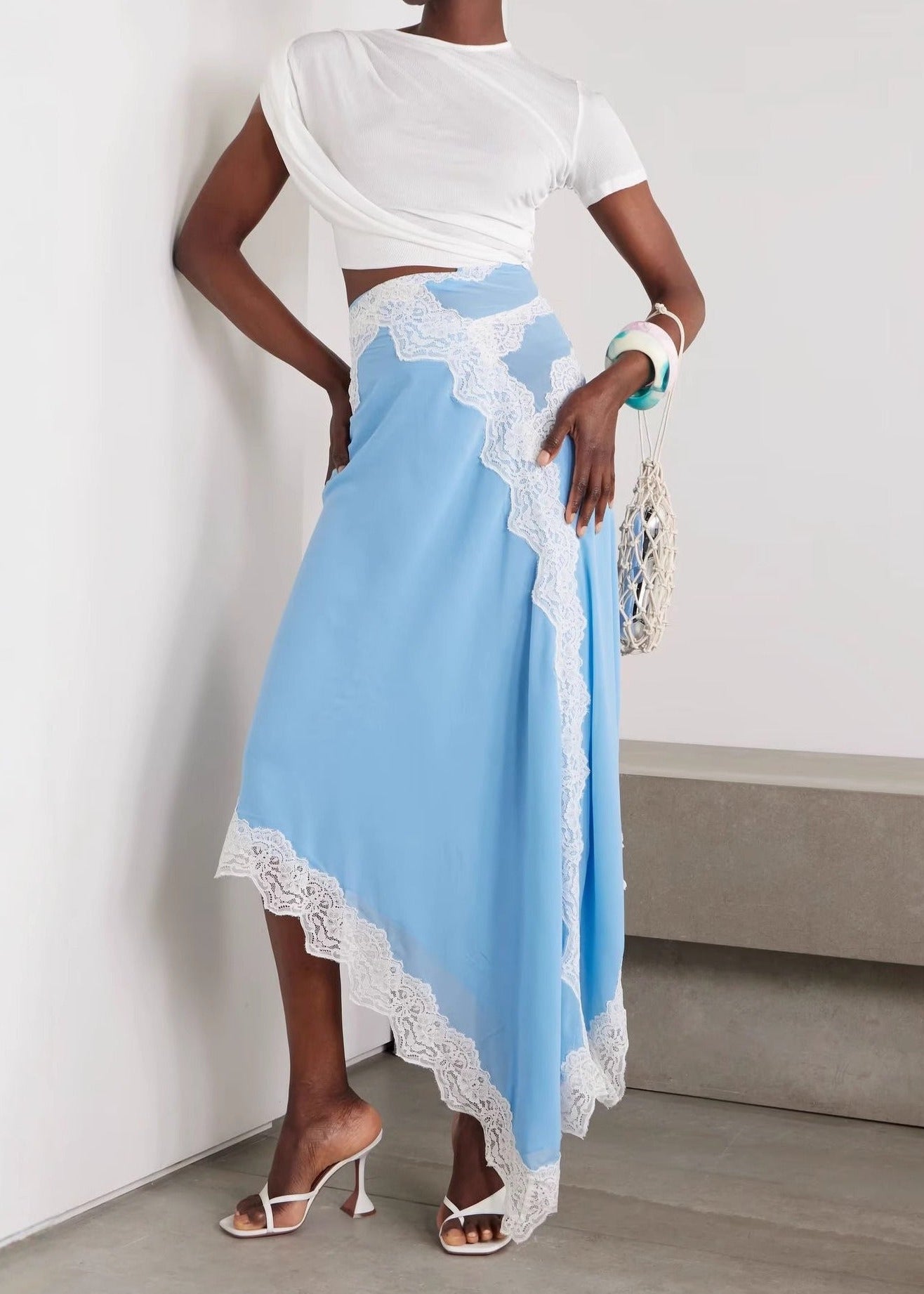 Fionnghuala Asymmetric Lace Satin Maxi Dress In Blue