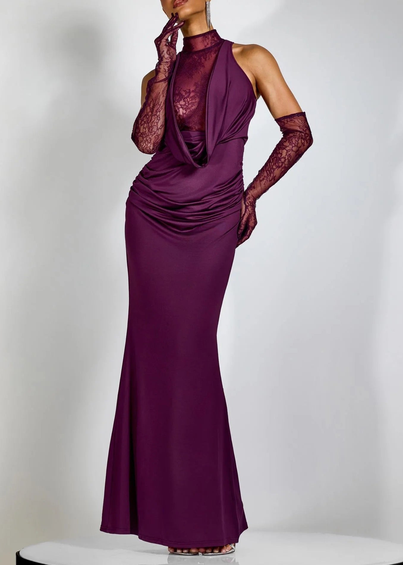 Jemma Cowl Neck Ruch Lace Maxi Dress In Purple