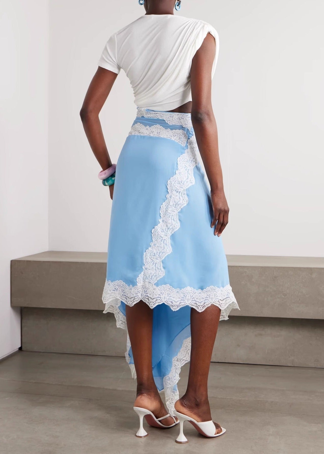 Fionnghuala Asymmetric Lace Satin Maxi Dress In Blue