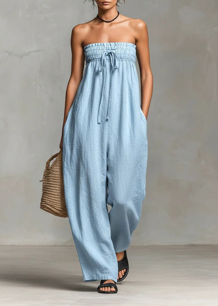 Floro Strapless Ruch Jumpsuit In Blue